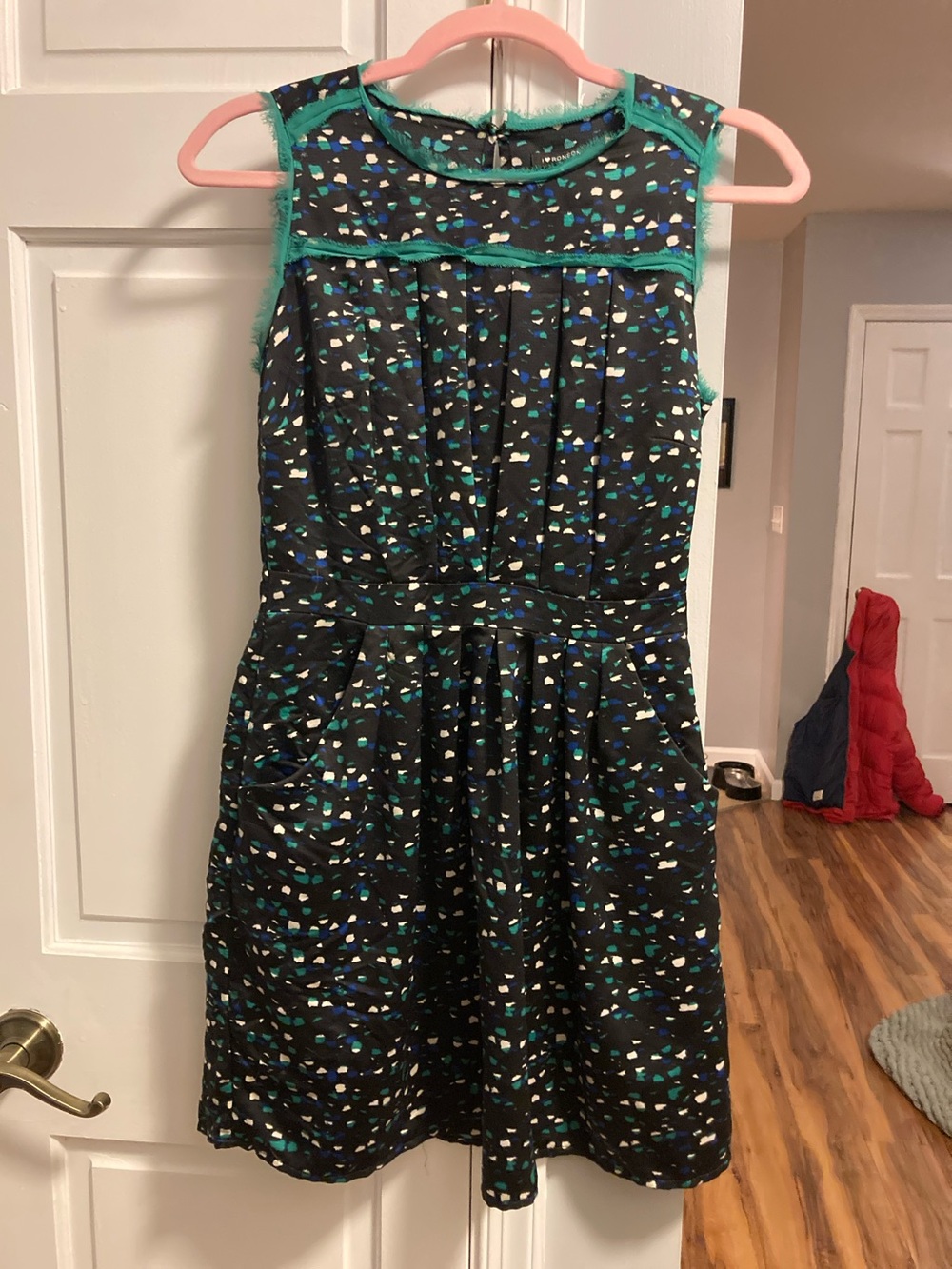 I Heart Ronson Black Sleeveless Mini Dress with Teal & Blue Print